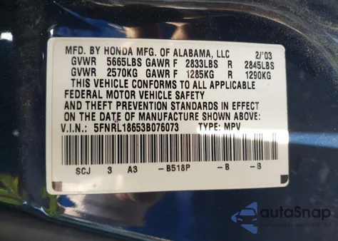 2003 Honda Odyssey Ex z USA, uszkodzony, nr VIN 5FNRL18653B076073